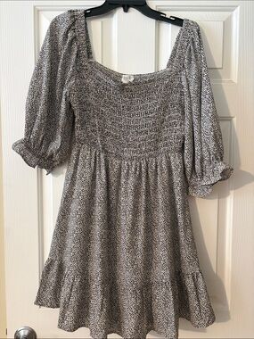 Smocked Square Neck Mini Dress - Black & Tan Print
